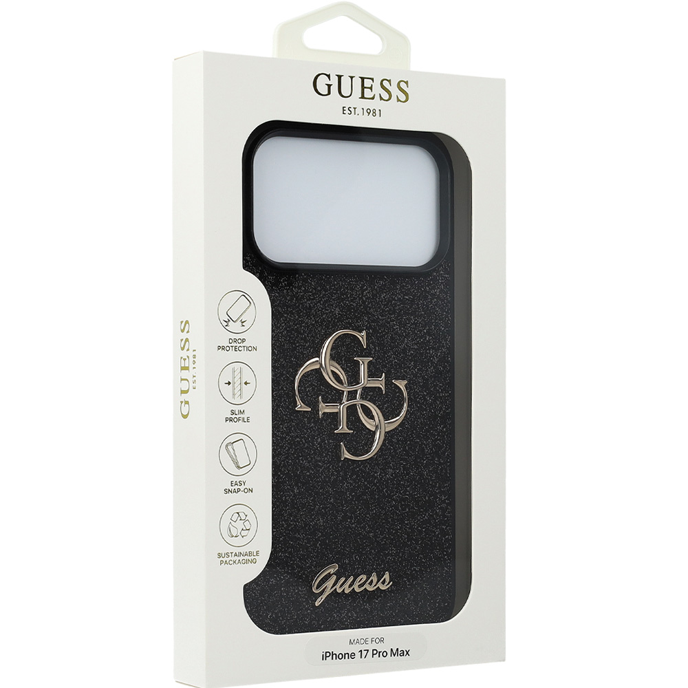 Etui Guess Fixed Glitter Big 4G do iPhone 17 Pro Max, czarno-brokatowe
